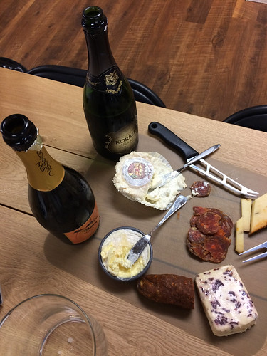 Our cheeseboard- La Tur, Beehive Hatch Chile Cheese, Wensleydale and Cranberries, and Vermont Creamery St. Albans with Charlito’s Cocina Chorizo seco