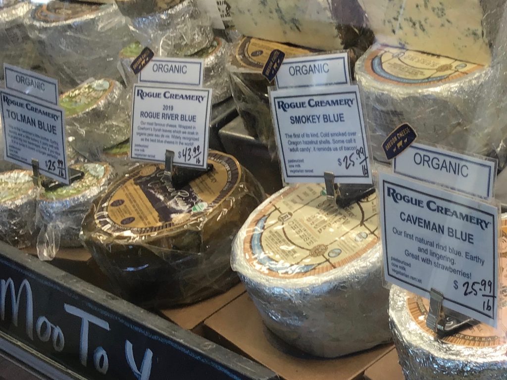 The blue cheese case at Rogue Creamery