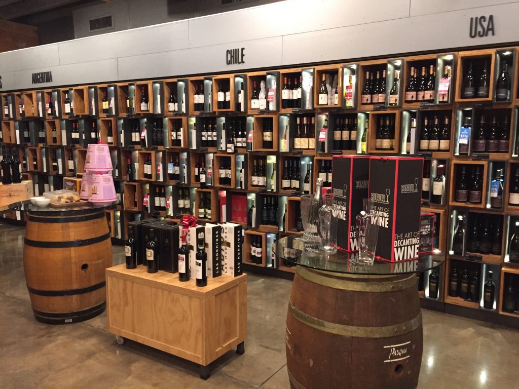 the Chilean wine section, filled with bottles of Cono Sur, at Bottege Wine Shop, San Jose, CR