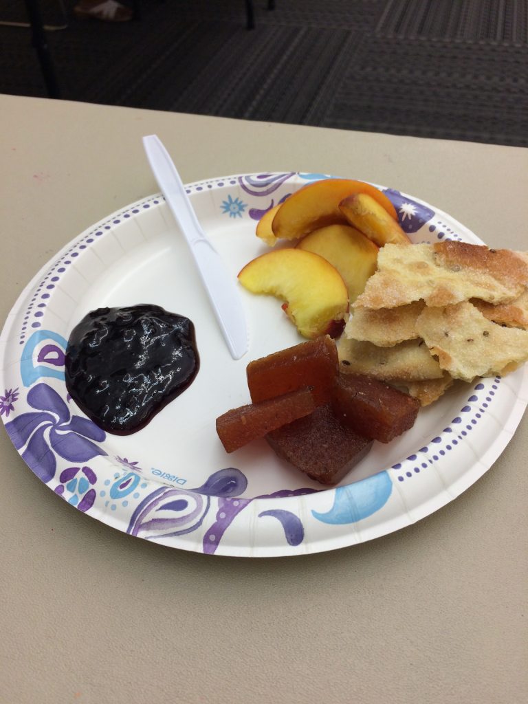 the accompaniments, clockwise- peaches, Ines Rosales Original Tortas, Membrillo Quince Paste, Sour Cherry Spread