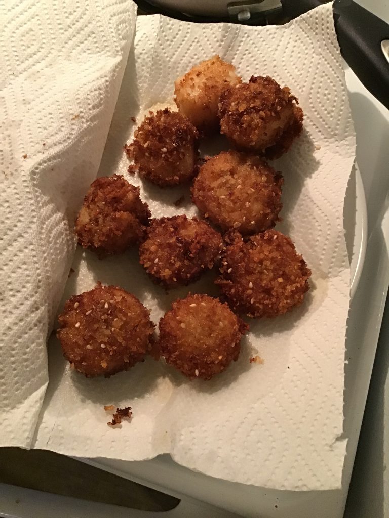 Wasabi Crusted Scallops, fried and ready to eat