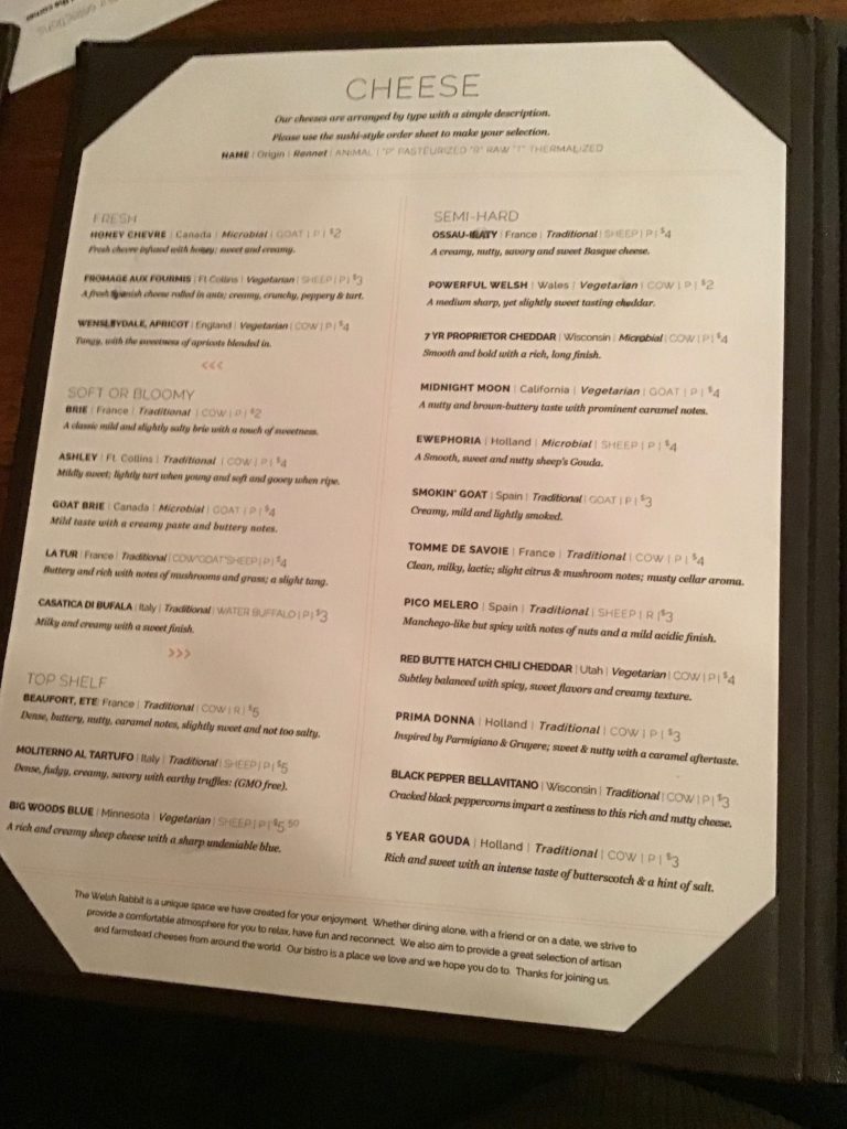 The cheese menu, page 1 at The Welsh Rabbit Cheese Bistro, Fort Collins, CO