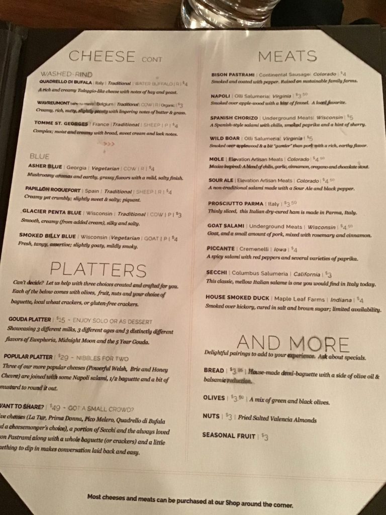 The cheese menu, page 2 at The Welsh Rabbit Cheese Bistro, Fort Collins, CO