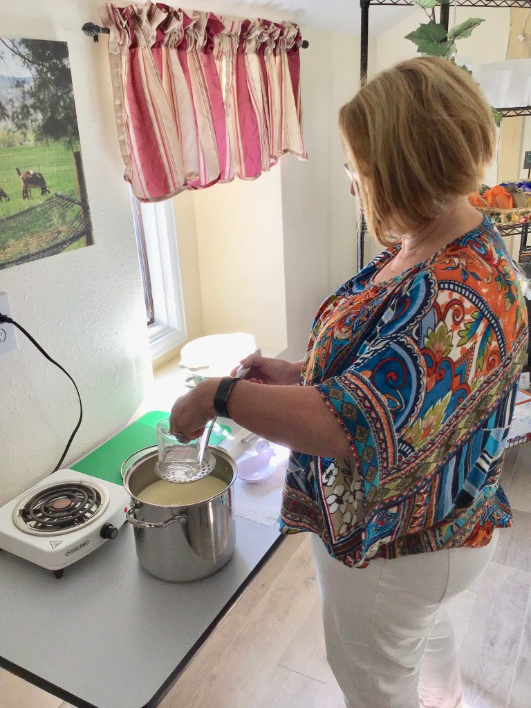 Adding the rennet to coagulate the milk