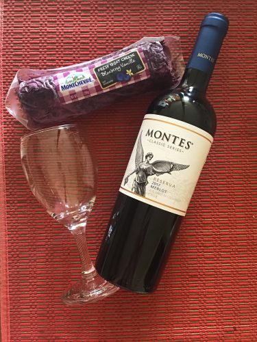 Montes Classic Series, Reserve Merlot 2017 and Montchevre blueberry vanilla flavor goat cheese log