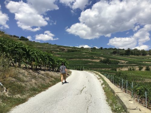 Neil walking along the road