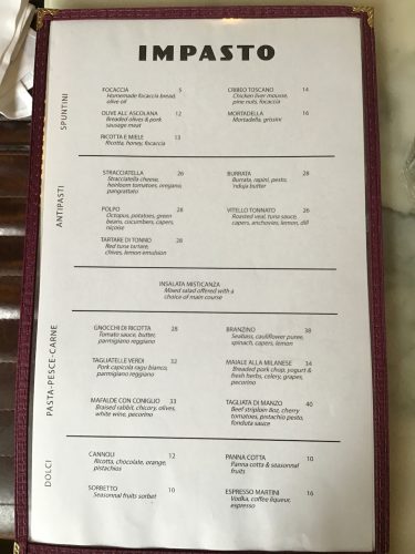 Impasto Lunch Menu